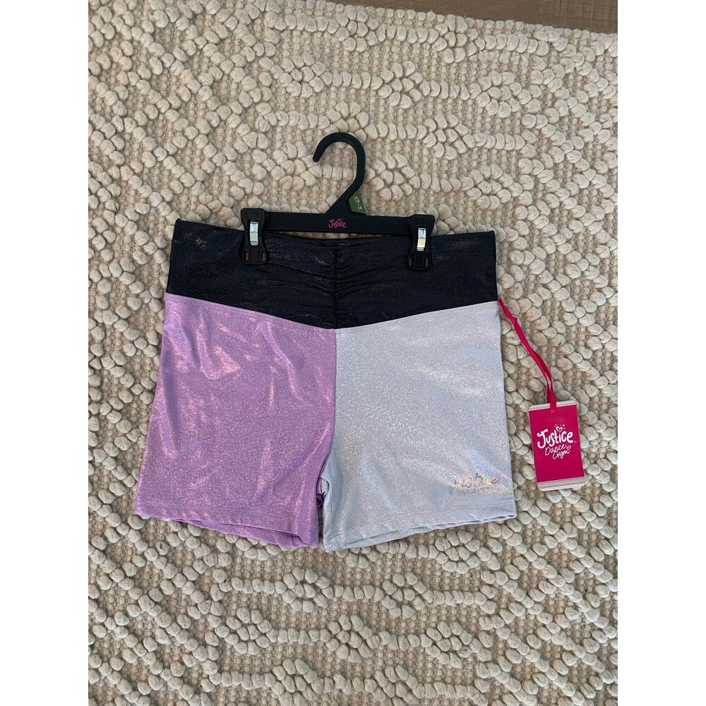 Justice Sparkly Purple Silver Dance Activewear Bike Shorts Size XL NWT